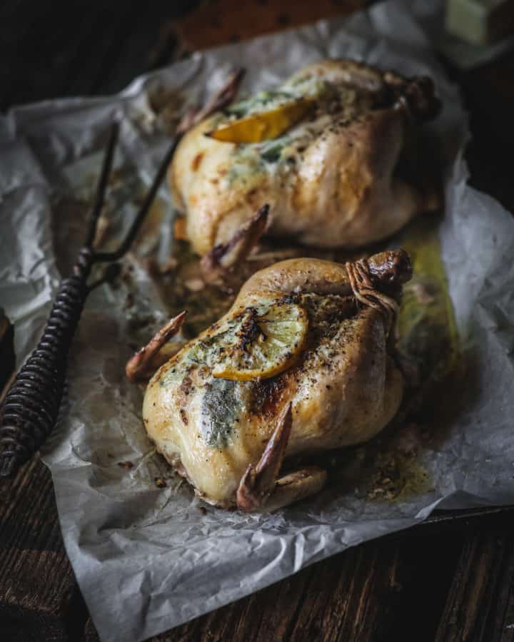 tray with Lemon Sage Cornish Game Hens