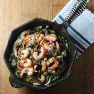 Pan of Charbroiled Shrimp with Cactus and Onions