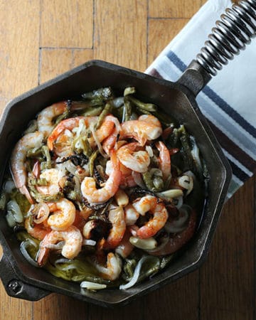 Pan of Charbroiled Shrimp with Cactus and Onions