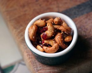 Bowl of Spicy Cranberry Maple Cashews