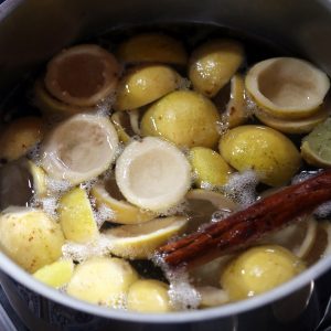 Gently simmer the prepared guavas with sugar and cinnamon.