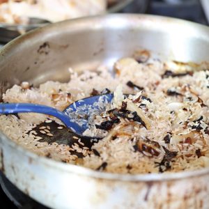 The rice turns opaque once it is perfectly sauteed with the caramelized onions.