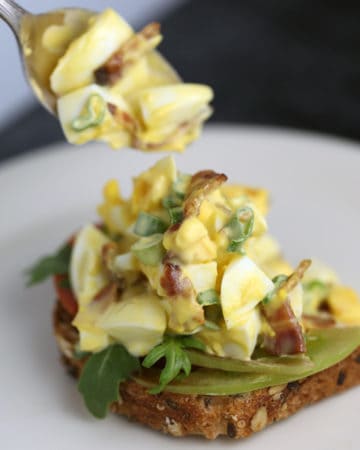 Bacon and Egg Salad on Toast with Balsamic Tomatoes and Arugula