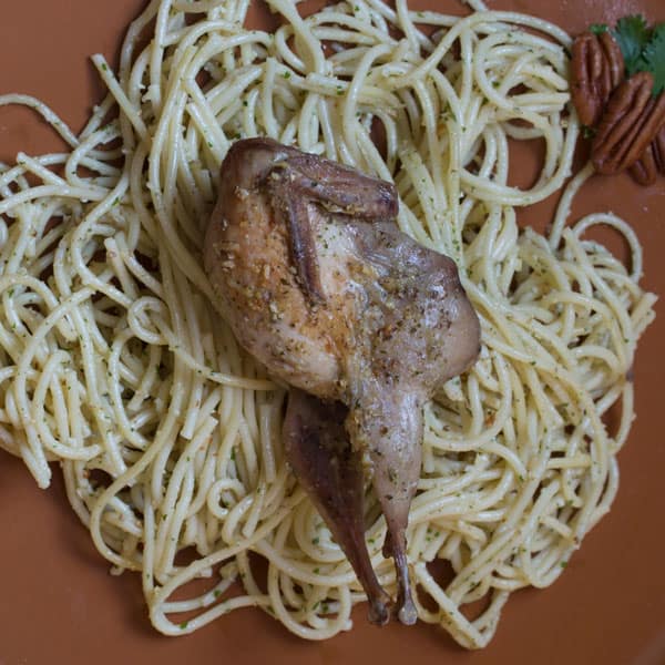Roasted Quail, Pasta with Cilantro Pecan Pesto and Grilled Bread - Kitchen Wrangler | Melissa Guerra