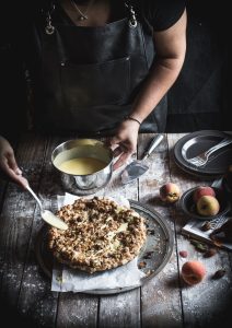 Peach Crumble Pie w Salted Pecans Nutmeg Creme Anglaise