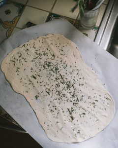 Rolled and pulled batch of Rosemary Sea Salt Crackers with Truffle Oil
