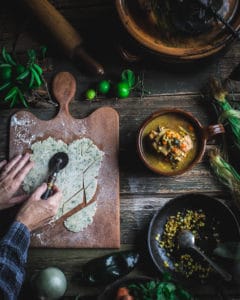 Cutting dumplings for Roasted Poblano Chicken and Cilantro Dumplings