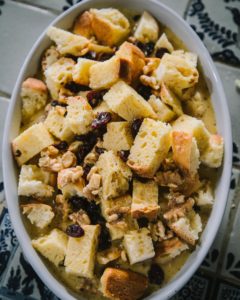 Bread pudding soaking up egg mixture