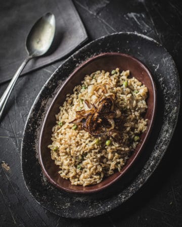 Toasted Brown Rice with Caramelized Onions and Peas