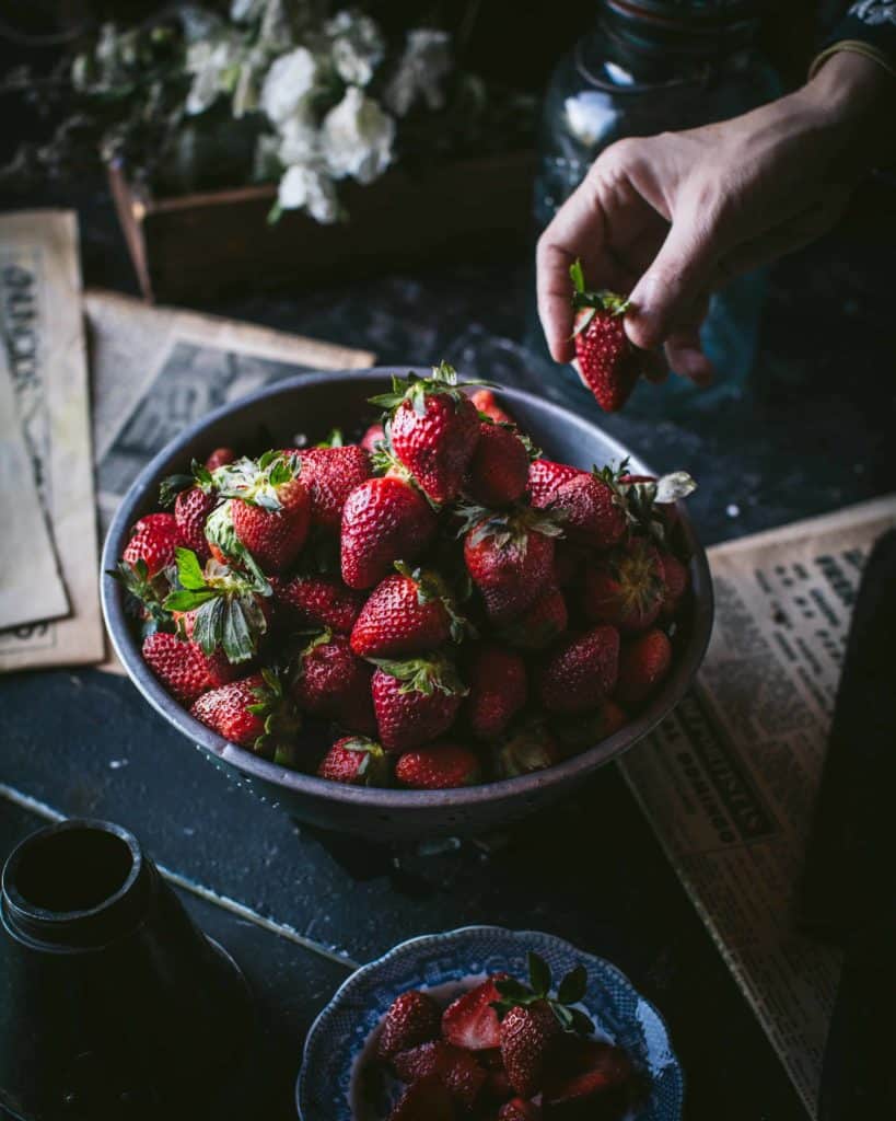 colander of strawberries