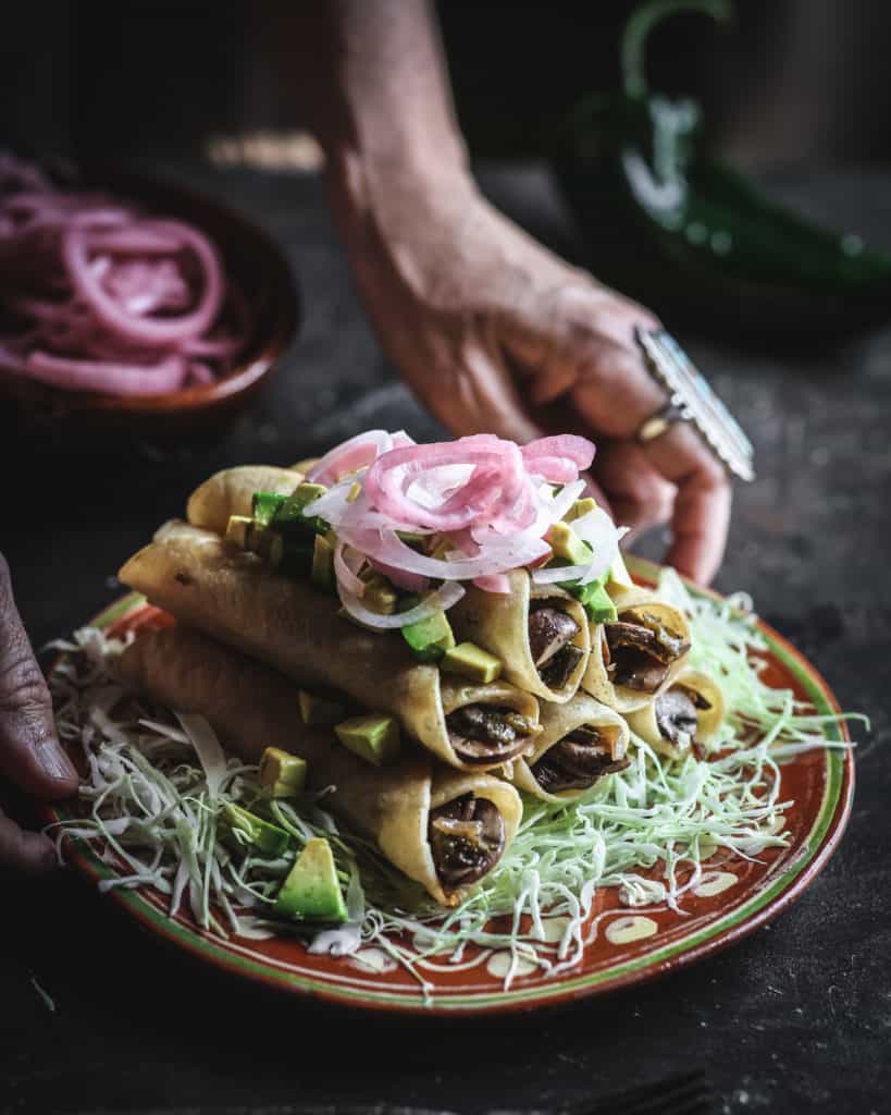 plate of Roasted Poblano and Mushroom Flautas