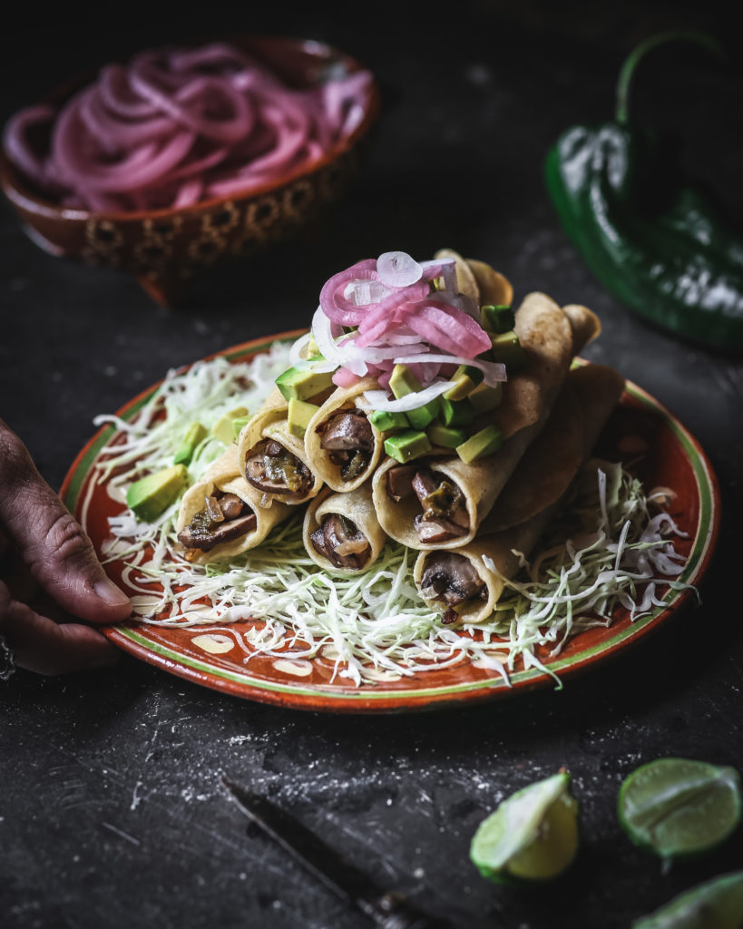 plate of Roasted Poblano and Mushroom Flautas