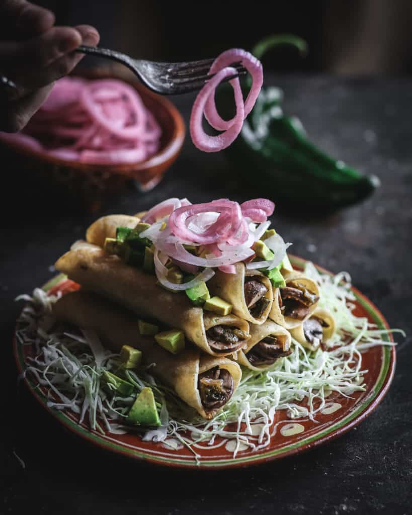 plate of Roasted Poblano and Mushroom Flautas