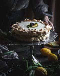 Double Brown Sugar Pavlova on a pedestal