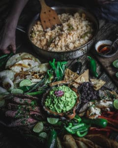 pan of rice with mexican buffet