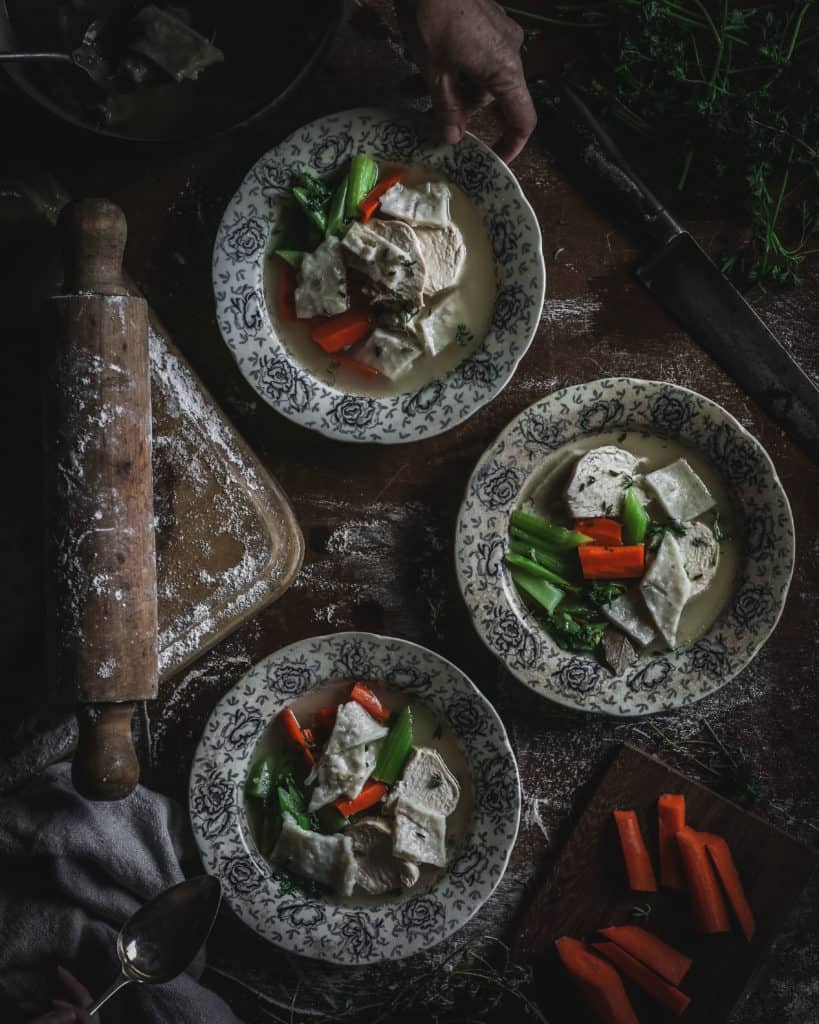 bowl of chicken and dumplings