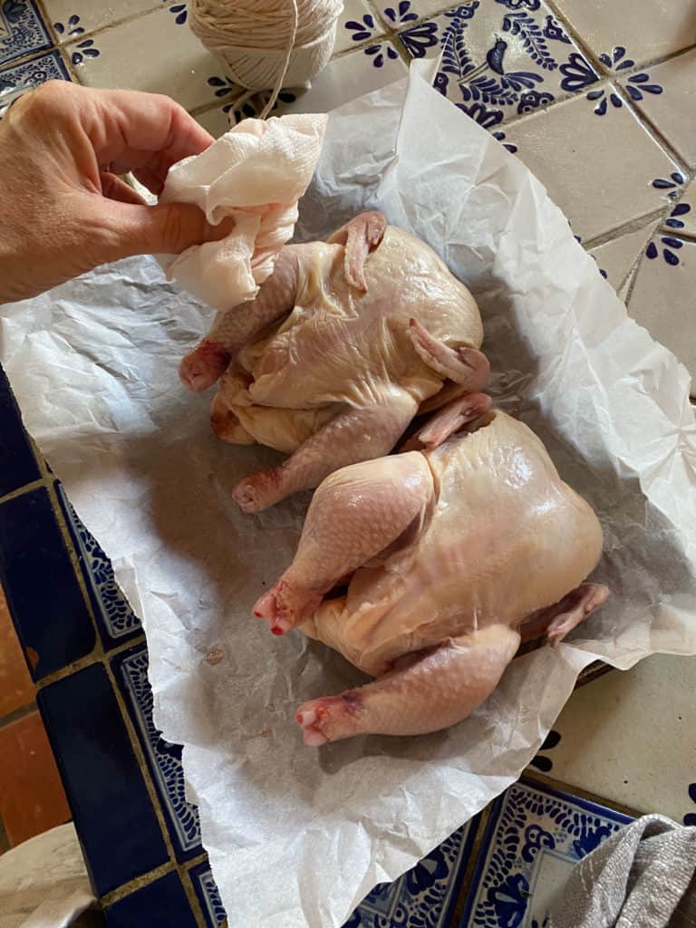 woman preparing poultry on tray