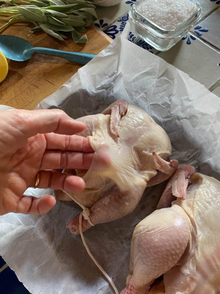 woman preparing uncooked Lemon Sage Cornish Game Hens