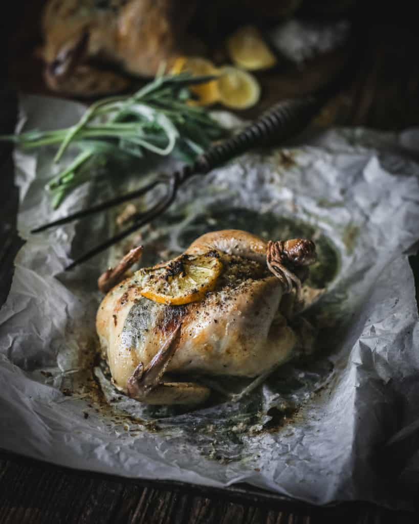 tray with Lemon Sage Cornish Game Hens