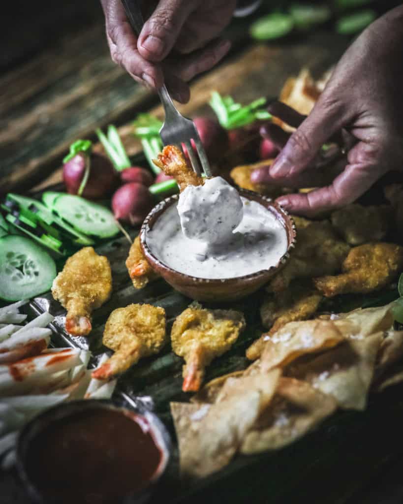 bowl of jalapeño ranch dressing and shrimp