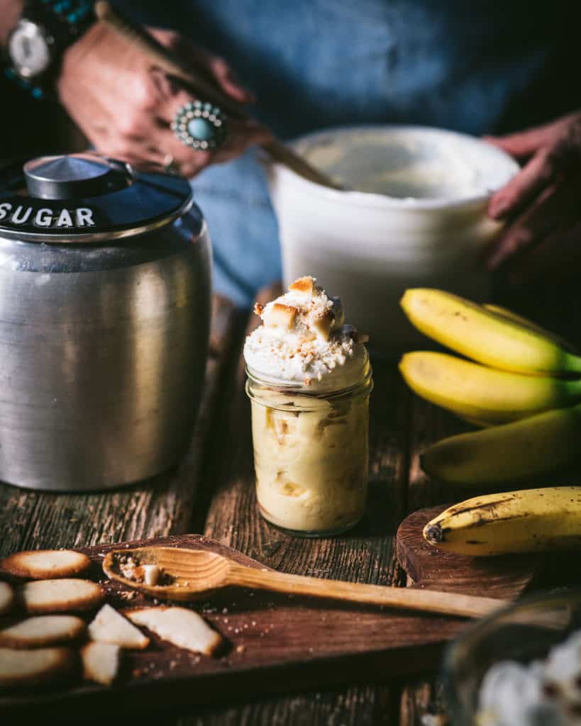 jar filled with classic banana pudding