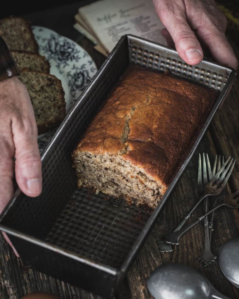 pan of Sour cream walnut banana bread