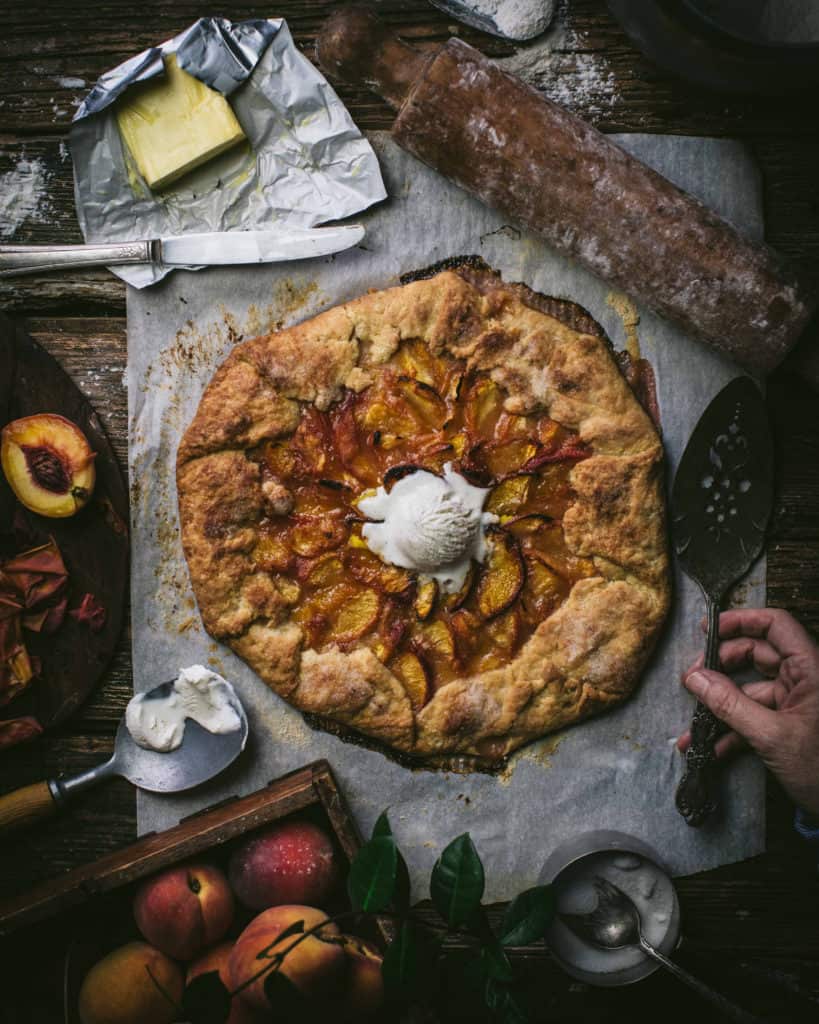 overhead view of peach galette