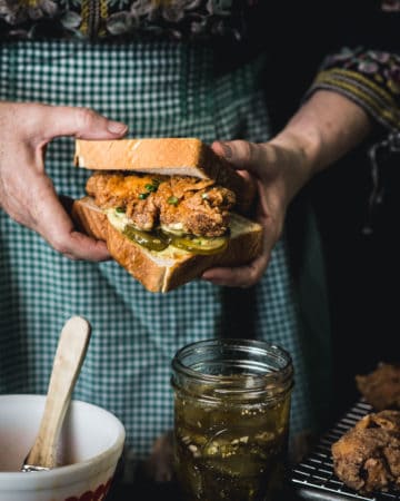 close up of hot chicken sandwich