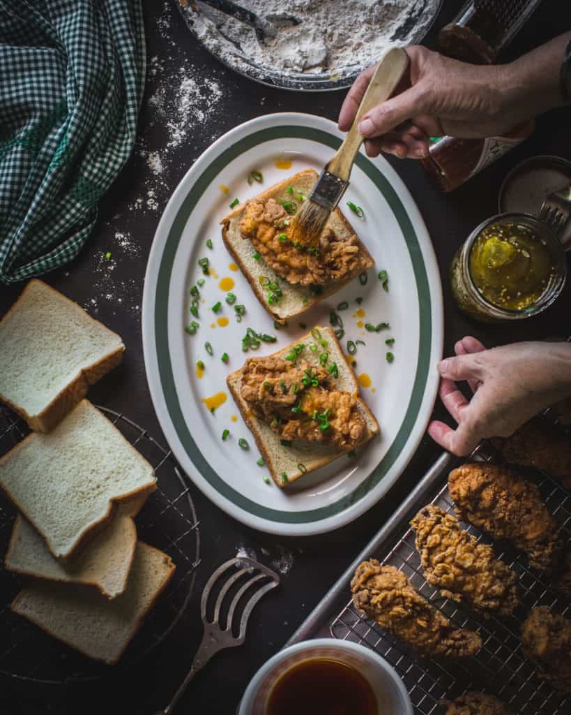 overhead of hot chicken sandwich