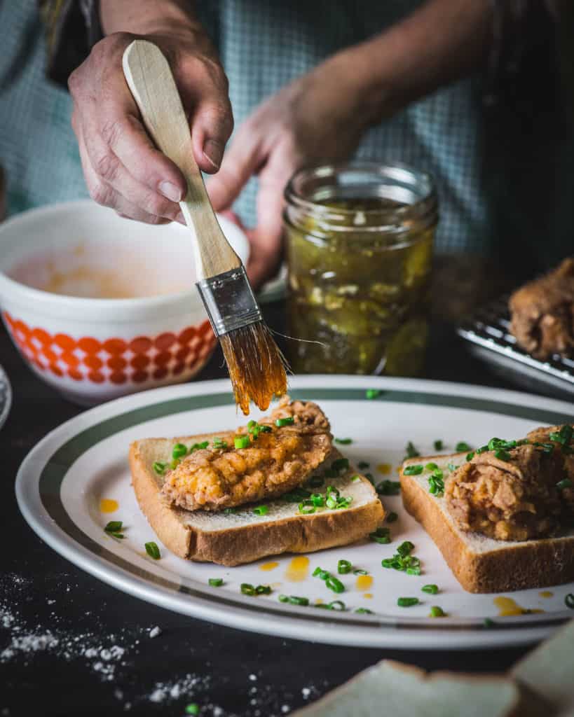 close up of hot chicken sandwich