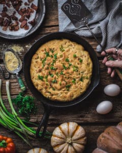 overhead of bacon buttermilk cornbread pan