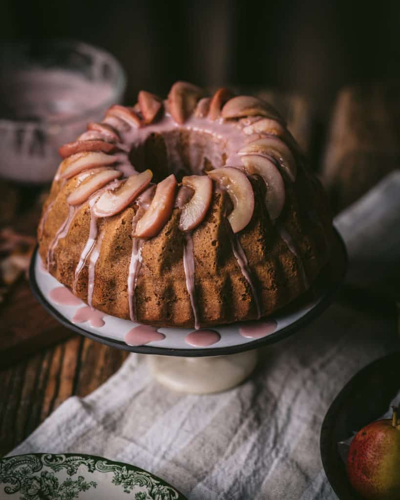 close up of Buttermilk Spice Cake on a pedestal