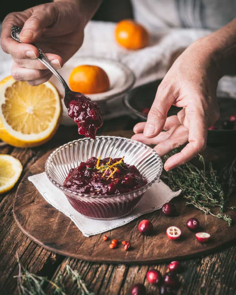 bowl of Cranberry Sauce with Orange Zest and Chile Piquin