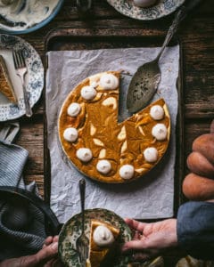 Overhead of pumpkin swirl cheesecake