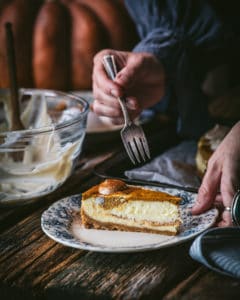 side view of Overhead of pumpkin swirl cheesecake