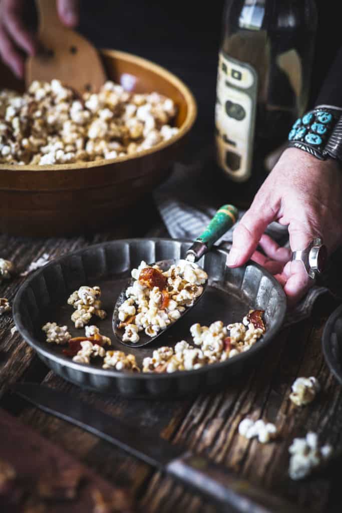 pan of pan of maple bacon bourbon caramel corn