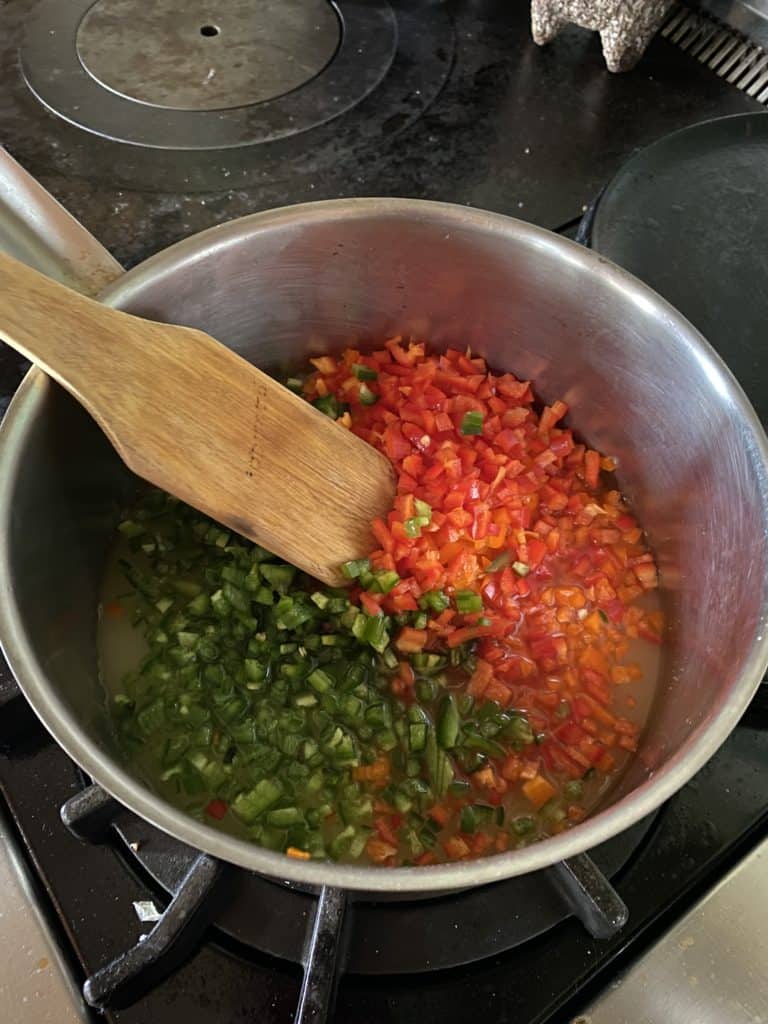minced peppers in a saucepan