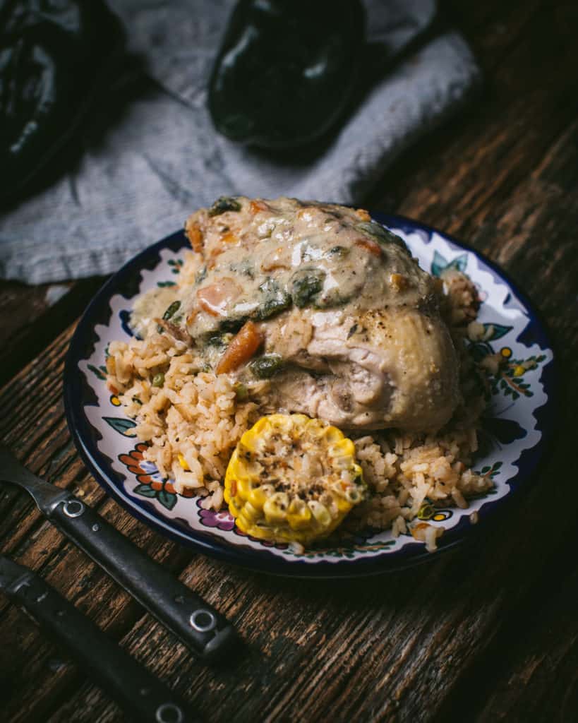 plate of chicken in poblano cream sauce