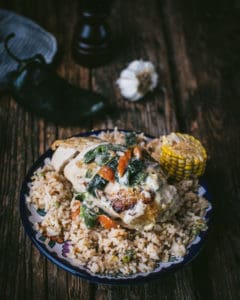 plate of chicken in poblano cream sauce