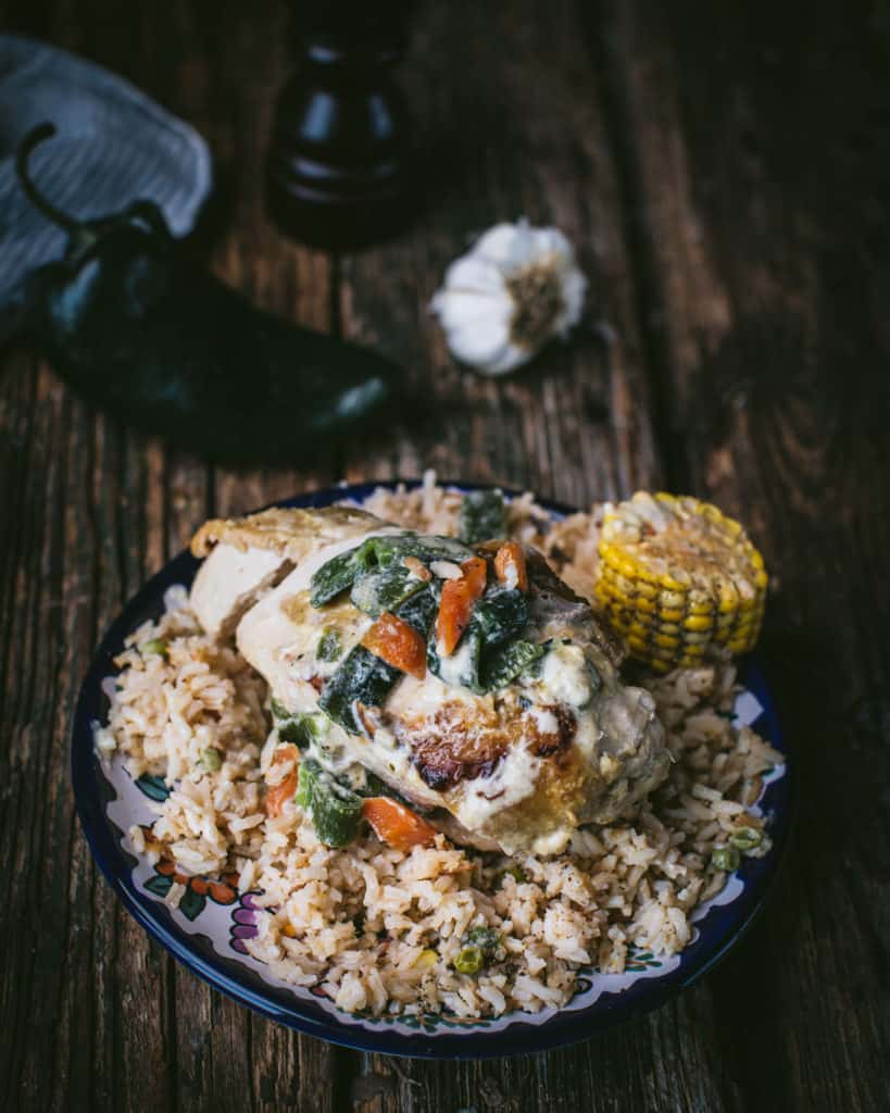 plate of chicken in poblano cream sauce