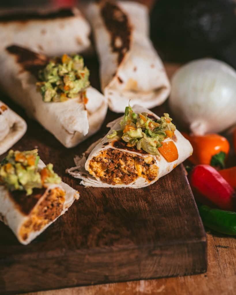 close up of chorizo and egg burrito