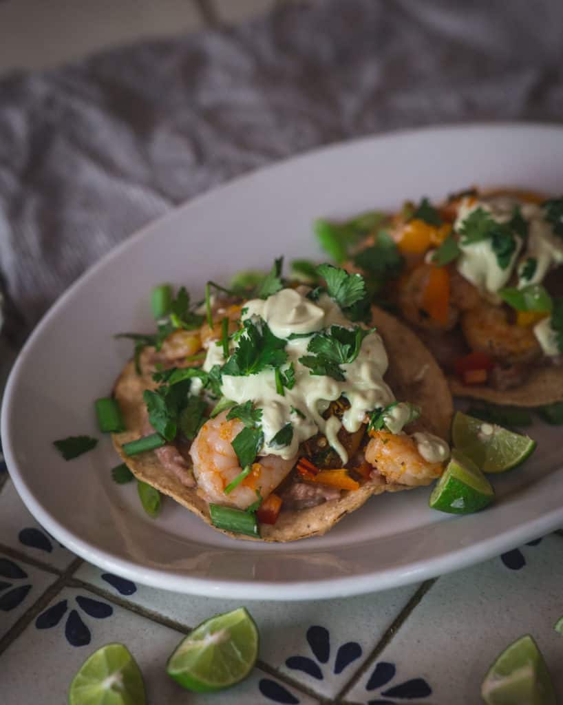 shrimp tostada with avocado crema