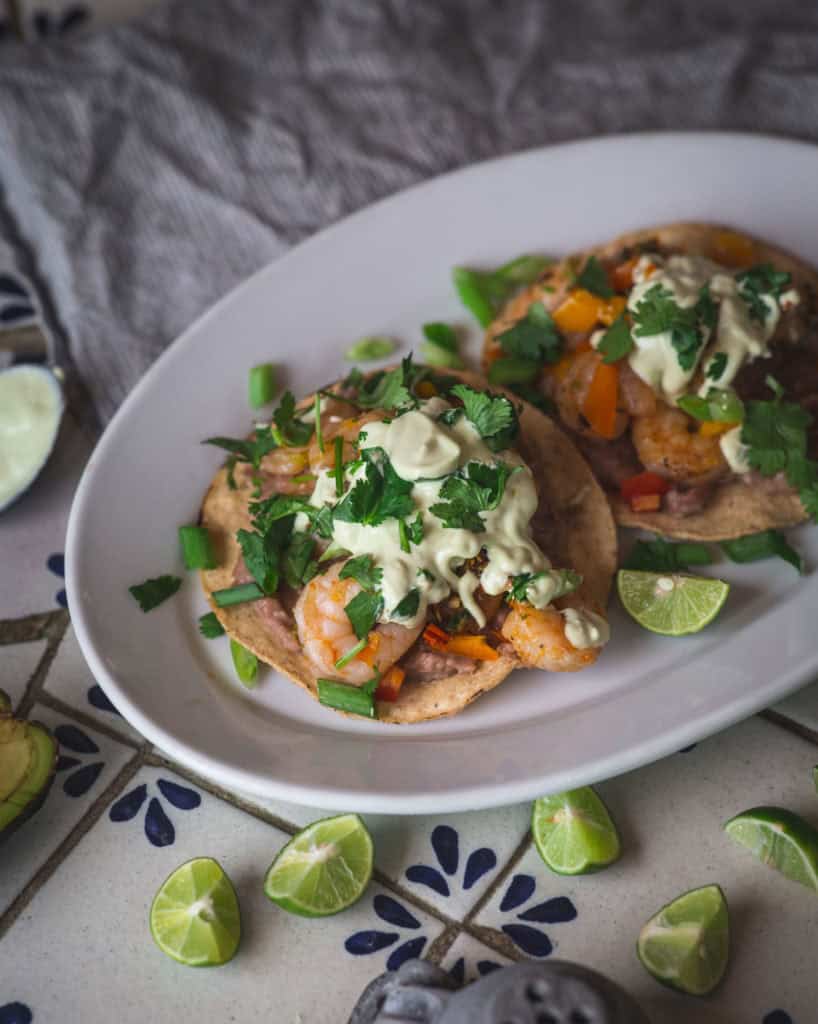 shrimp tostada with avocado crema