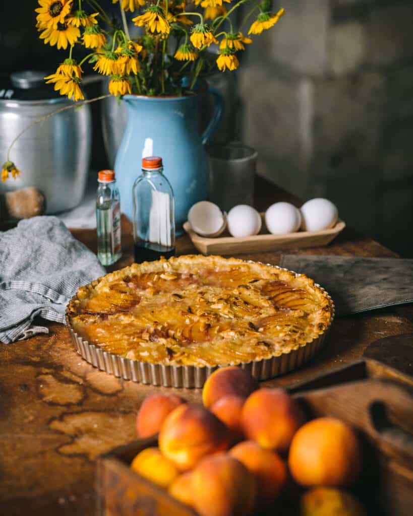 Close up of Texas peach frangipane tart