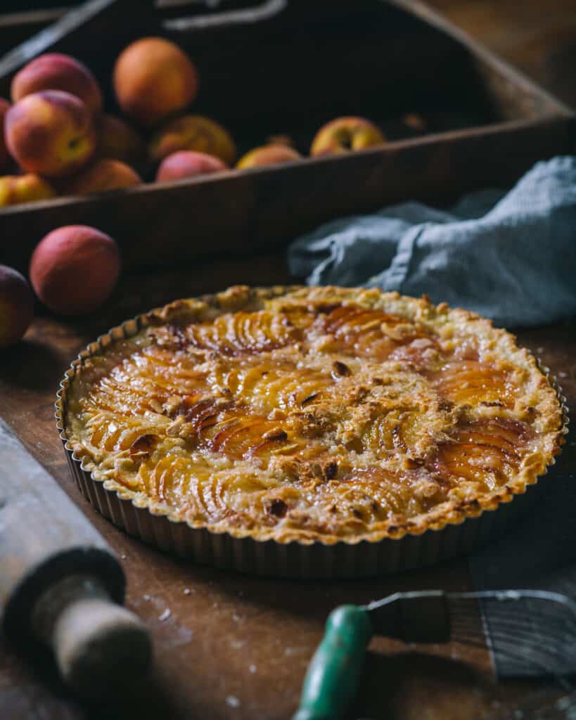 Close up of Texas peach frangipane tart