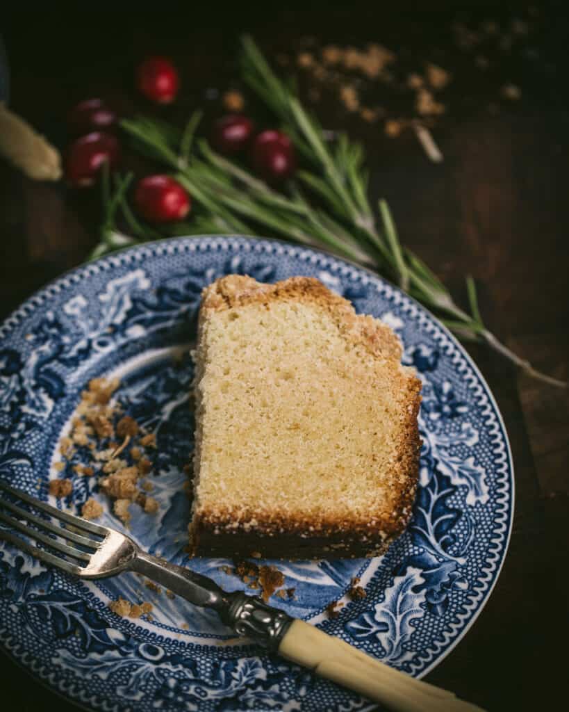 platter with slice of coconut cream pound cake