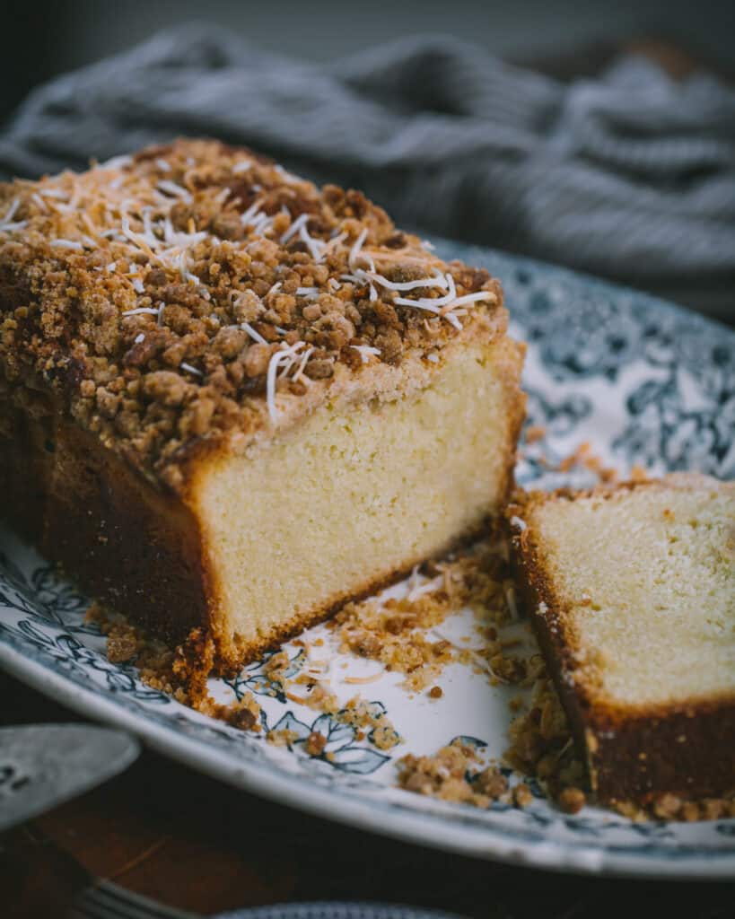 side view of coconut cream pound cake