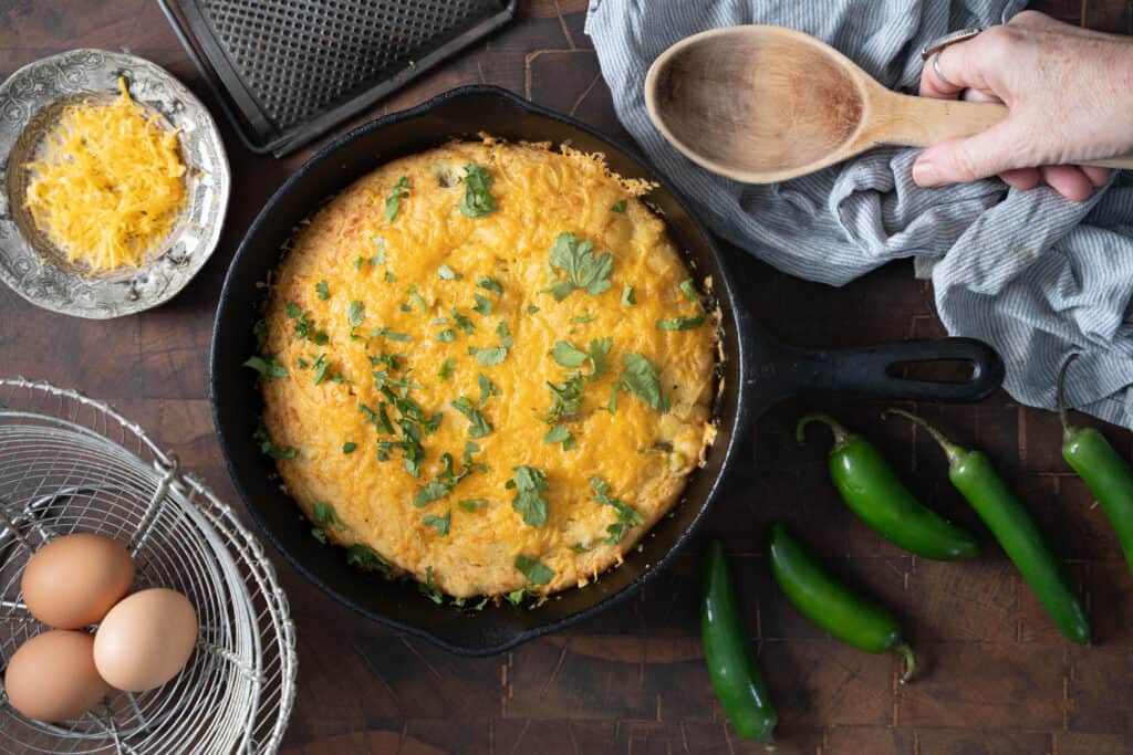 overhead view of pan Skillet Jalapeño Cornbread with Cheddar