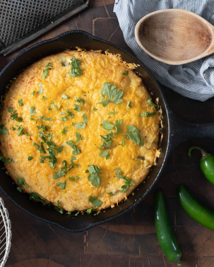 overhead view of pan Skillet Jalapeño Cornbread with Cheddar