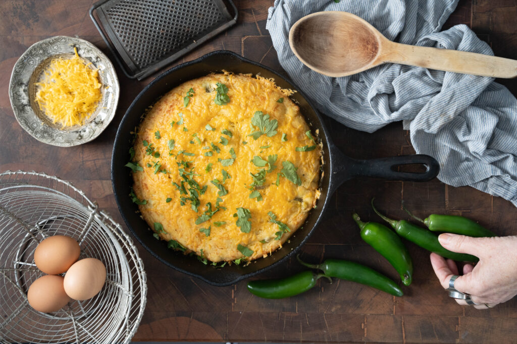 overhead view of pan Skillet Jalapeño Cornbread with Cheddar